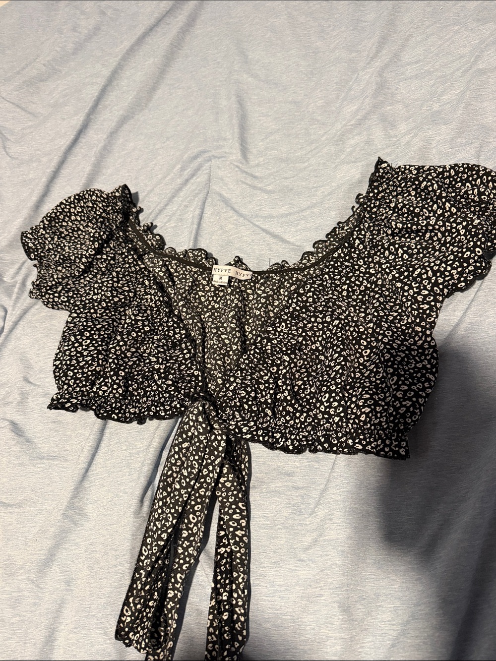 HYFVE Black and White Tie Puff Sleeve Crop Top